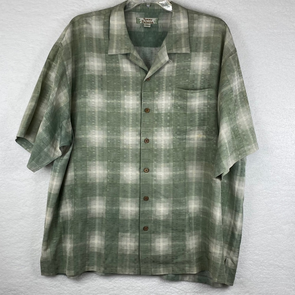 Tommy Bahama Mens XXL Silk Shirt Sage Green Textured Plaid Short Sleeve Camp Top